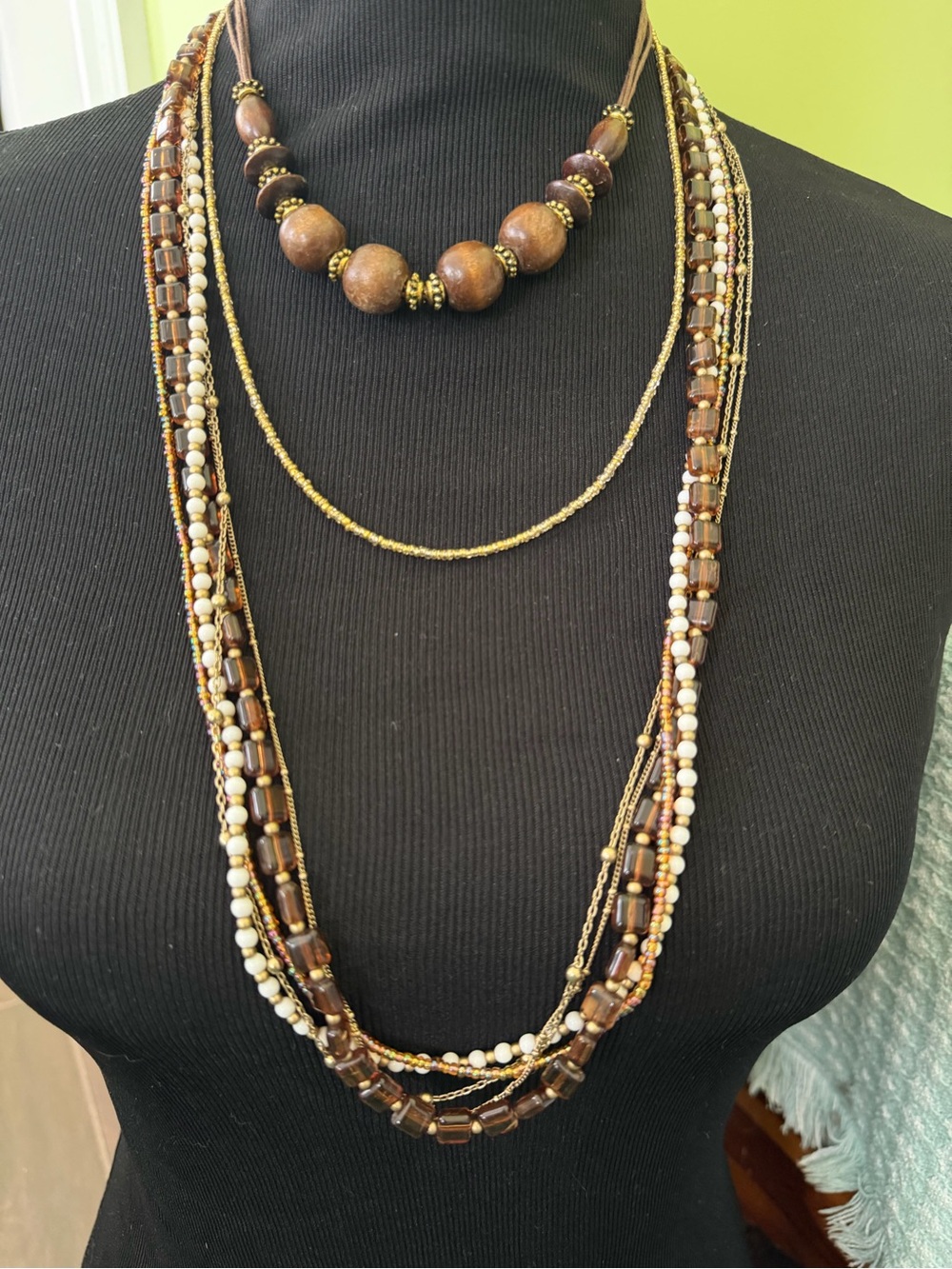 3 Piece Stacked Beaded Necklaces Designer Glass Wood